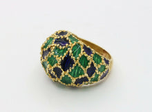 Load image into Gallery viewer, Vintage 18K Gold Blue & Green Enamel Dome Ring