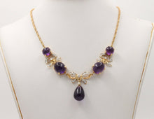 Load image into Gallery viewer, Estate Chandelier Amethyst Diamonds 14K Yellow Gold Necklace