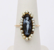 Load image into Gallery viewer, Victorian Navette Cameo Agate Natural Pearls 14K Yellow Gold Ring