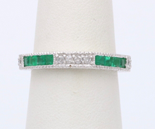 Load image into Gallery viewer, Gorgeous 14K White Gold Emerald & Diamond Half Eternity Ring Band, Wedding Band.
