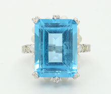 Load image into Gallery viewer, Elegant Retro Emerald Cut Blue Topaz Diamonds Pearls 18K White Gold Ring