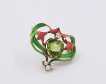 Load image into Gallery viewer, Art Nouveau Peridot 18K Yellow Gold Enamel Brooch Pin