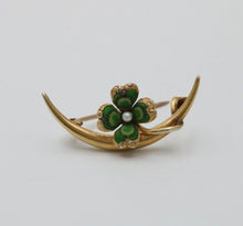 Load image into Gallery viewer, Victorian Crescent Enamel Four Leaf Clover Seed Pearl Brooch Pin