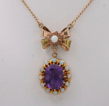 Load image into Gallery viewer, Vintage Bow Amethyst Opals 10K Yellow Gold Pendant and Chain