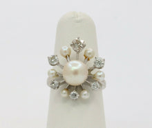 Load image into Gallery viewer, Vintage 14K White Gold Old European Cut Diamond Pearl Ring