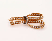 Load image into Gallery viewer, Victorian Ribbon 18K Yellow White Gold Diamonds Seed Pearls Brooch Pin
