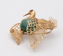 Load image into Gallery viewer, Vintage Estate Jadeite Jade Crane 14K High Relief Bird Brooch, Pin