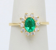 Load image into Gallery viewer, Vintage 18K Gold Emerald Diamond Halo Ring, Engagement Band