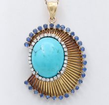 Load image into Gallery viewer, Funky Vintage 18K Yellow Gold Large Turquoise, Sapphire and Diamond Pendant