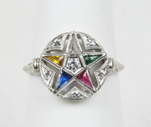 Load image into Gallery viewer, Art Deco Eastern Star 14K White Gold Diamonds Ruby Emerald Sapphire Topaz Ring