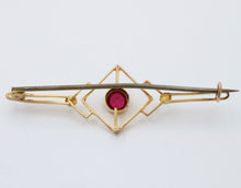 Load image into Gallery viewer, Art Deco 9K Yellow Gold Synthetic Pink Sapphire Pearls Brooch Pin