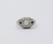 Load image into Gallery viewer, Antique Art Deco 14K White Gold Diamond & Sapphire Ring, Engagement Ring.