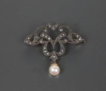 Load image into Gallery viewer, Victorian 10K Yellow Gold and Silver Diamond Pearl Brooch