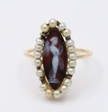 Load image into Gallery viewer, Victorian Navette Cameo Agate Natural Pearls 14K Yellow Gold Ring