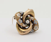 Load image into Gallery viewer, Victorian Etruscan Revival 14K YG Enamel Flowers Old Euro Diamond Brooch Pendant