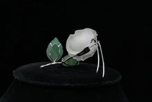 Load image into Gallery viewer, Vintage 14K White Gold Diamond & Jade Carved Rock Crystal Rose Brooch