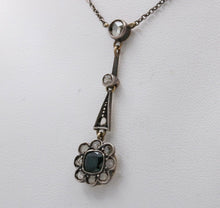 Load image into Gallery viewer, Edwardian 14K Gold & Silver Sapphire, Rose Cut Diamond Floral Lavalier Necklace