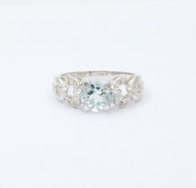 Load image into Gallery viewer, Vintage 14K White Gold Aquamarine Diamond Ring Band, Engagement Ring.
