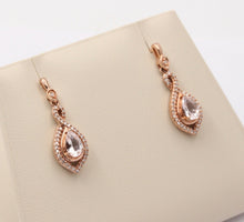 Load image into Gallery viewer, Beautiful 10K Rose Gold Pear Shape Pink Quartz and Diamond Dangling Earrings