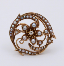 Load image into Gallery viewer, Antique Victorian 14K Yellow Gold Diamond and Pearl Floral Brooch, Pin
