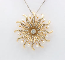 Load image into Gallery viewer, Antique Sunburst Diamonds Seed Pearls Brooch Pendant