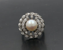 Load image into Gallery viewer, Vintage 14K White Gold Pearl Diamond Floral Ring