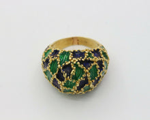 Load image into Gallery viewer, Vintage 18K Gold Blue & Green Enamel Dome Ring