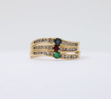 Load image into Gallery viewer, Vintage Trio Stacking Solitaire Emerald Sapphire Ruby 18K Yellow Gold Rings