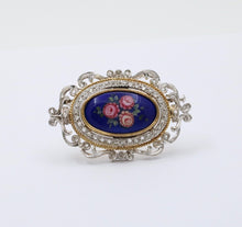Load image into Gallery viewer, Vintage Italian 18K Gold Flower Painted Porcelain Diamond Pendant Brooch
