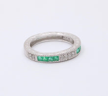 Load image into Gallery viewer, Gorgeous 14K White Gold Emerald & Diamond Half Eternity Ring Band, Wedding Band.