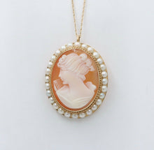 Load image into Gallery viewer, Vintage Carved Shell Cameo Pearls 14K Yellow Gold Brooch Pendant