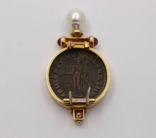 Load image into Gallery viewer, Roman Coin Rubies Diamond Pearl 18K Yellow Gold Brooch Pin