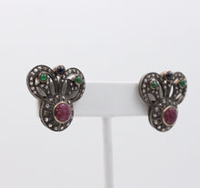 Load image into Gallery viewer, Antique 14K Gold & Silver Diamond, Ruby, Emerald and Sapphire Earrings
