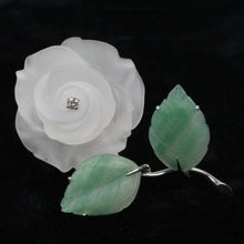 Load image into Gallery viewer, Vintage 14K White Gold Diamond & Jade Carved Rock Crystal Rose Brooch