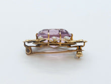 Load image into Gallery viewer, Art Nouveau Amethyst Seed Pearls 10K Yellow Gold Brooch Pin