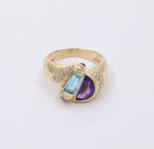 Load image into Gallery viewer, Vintage Geometric Amethyst Blue Topaz Tourmalines Diamonds 14K Yellow Gold Ring