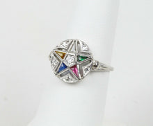 Load image into Gallery viewer, Art Deco Eastern Star 14K White Gold Diamonds Ruby Emerald Sapphire Topaz Ring