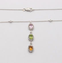 Load image into Gallery viewer, Classic 14K Gold Three Stones Multi Color Stone, Diamond Drop Pendant. Necklace.