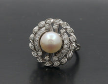 Load image into Gallery viewer, Vintage 14K White Gold Pearl Diamond Floral Ring