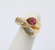 Load image into Gallery viewer, Vintage Geometric Diamond Aquamarine Tourmaline 18K Yellow Gold Ring
