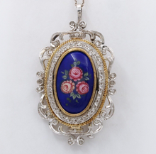 Load image into Gallery viewer, Vintage Italian 18K Gold Flower Painted Porcelain Diamond Pendant Brooch