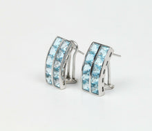 Load image into Gallery viewer, Vintage 18K White Gold Blue Topaz Huggies