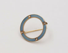 Load image into Gallery viewer, Art Deco Smoky Blue Guilloche Enamel Split Pearl Circle Pin Brooch