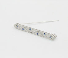 Load image into Gallery viewer, Vintage 18K White Gold Diamond Sapphire Bar Pin