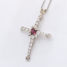 Load image into Gallery viewer, Vintage 10K White Gold Diamond & Rhodolite Garnet Cross Pendant Necklace