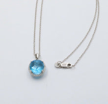 Load image into Gallery viewer, Classic 14K White Gold blue Topaz Diamond Halo Pendant Necklace.