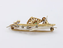 Load image into Gallery viewer, Vintage 18K Yellow Gold Enamel Diamond Boat Brooch