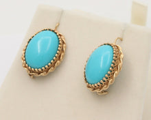 Load image into Gallery viewer, Vintage Turquoise 14K Yellow Gold Frame Dangling Earrings, Estate.
