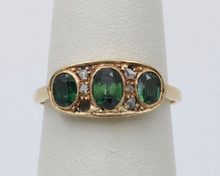 Load image into Gallery viewer, Antique Edwardian 18K Gold Three Green Tourmaline Diamond Ring, Ring Band.