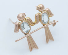 Load image into Gallery viewer, Vintage Lovebirds 18K Rose Gold Aquamarines Brooch Pin